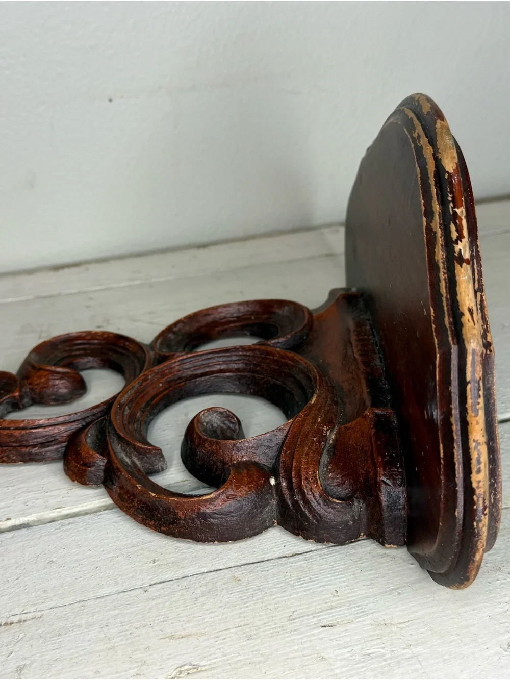 Hand carved Solid Wood Floral Design Wall Mounted Floating Shelf Bracket Burnt